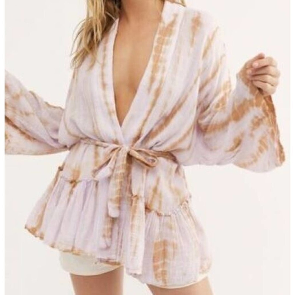 Free People Size XS/S FP One Sasha Tie Dye Kimono Lavender Combo Belted Top -New